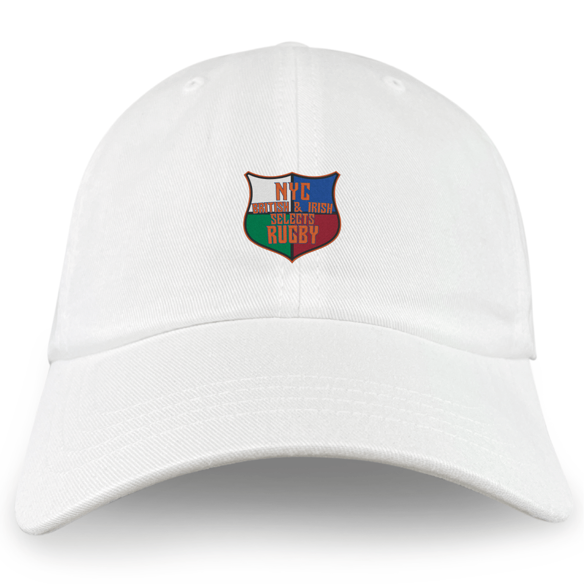 The EMB S&S Activewear NYC British and Irish Selects Adult Low-Profile Cotton Twill Dad Cap features a white design with a colorful embroidered shield logo and "NYC British & Irish Select Rugby" on the front.