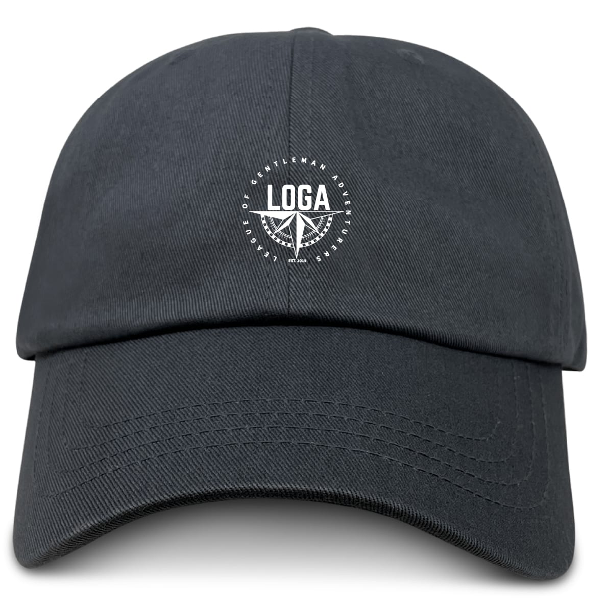 The EMB S&S Activewear League of Gentleman Adventurers Adult Low-Profile Cotton Twill Dad Cap is black with a small, circular white "LOGA" and compass logo embroidered on the front.