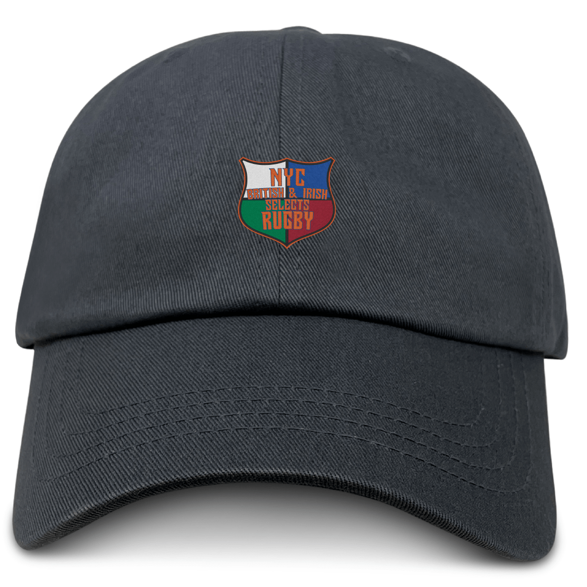 The NYC British and Irish Selects Adult Low-Profile Cotton Twill Dad Cap by EMB S&S Activewear is a black hat with a small shield logo and embroidered "NYC British & Irish Selects Rugby" branding on the front.
