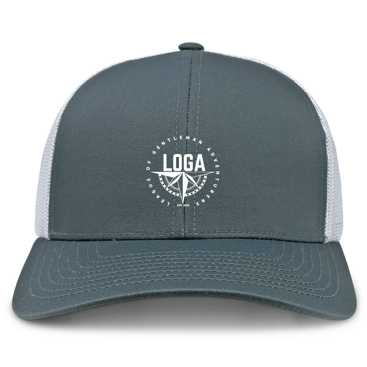 The League of Gentleman Adventurers Retro Trucker Cap by EMB S&S Activewear features a gray and white design, mesh back, embroidered "LOGA" logo with compass graphic, and an adjustable snapback closure.