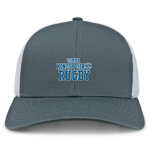 The King's Point Rugby Retro Trucker Cap by EMB S&S Activewear features a gray and white design with an embroidered "USMMA Kings Point Rugby" and anchor logo, plus a classic snapback closure.