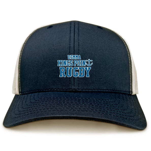 The King's Point Rugby Retro Trucker Cap by EMB S&S Activewear is a navy blue and white snapback hat featuring "USMMA Kings Point Rugby" embroidered on the front and an adjustable closure for a perfect fit.