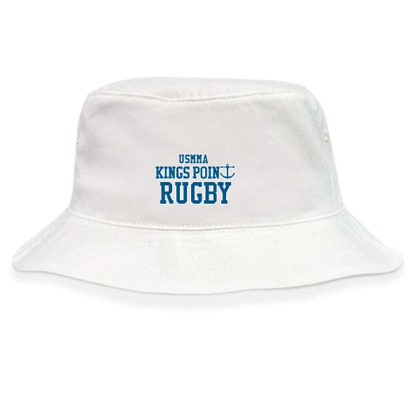 The King's Point Rugby Crusher Bucket Cap by EMB S&S Activewear is made from cotton twill and features blue "USMMA Kings Point Rugby" text with an anchor graphic on the front, combining style and sun protection.