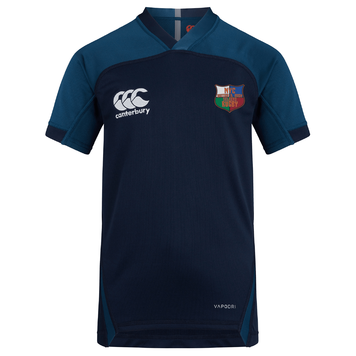 The NYC British and Irish Selects Vapodri Evader Jersey by EMB Canterbury is navy blue with short sleeves and moisture-wicking technology. It has the Canterbury logo on the right chest and a club emblem on the left, ideal for casual or active wear.