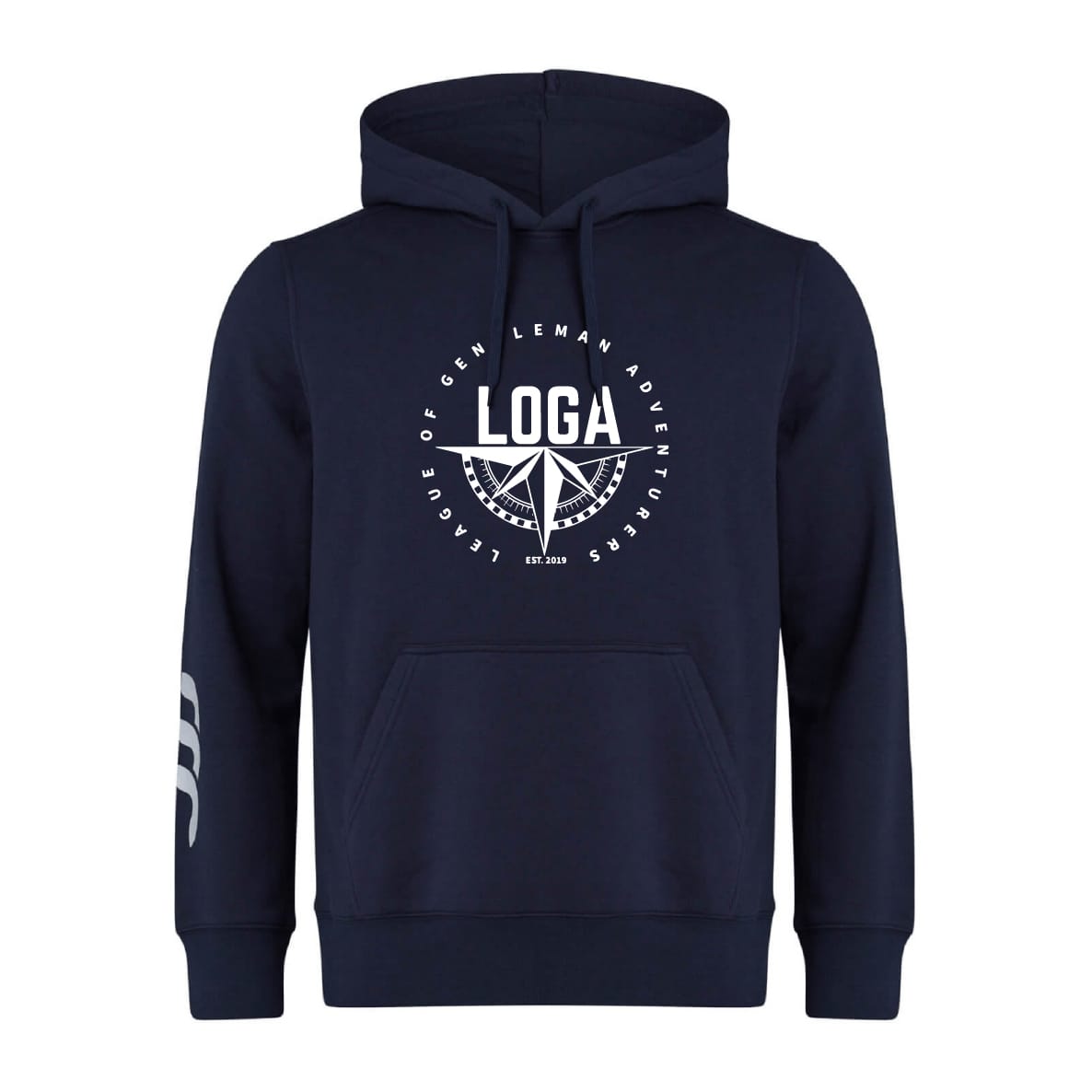 The League of Gentleman Adventurers Club Hoodie by WRS Canterbury is a navy team hoodie with a front pocket, "LOGA" compass chest logo, and white stripes on the left sleeve—ideal as a Rugby club hoodie.