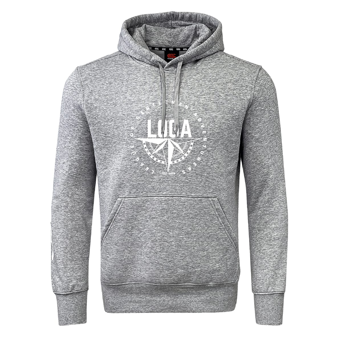 The League of Gentleman Adventurers Club Hoodie by WRS Canterbury is a gray hooded sweatshirt with a front pocket and a white "LUCA" circle graphic, inspired by classic rugby club styles.