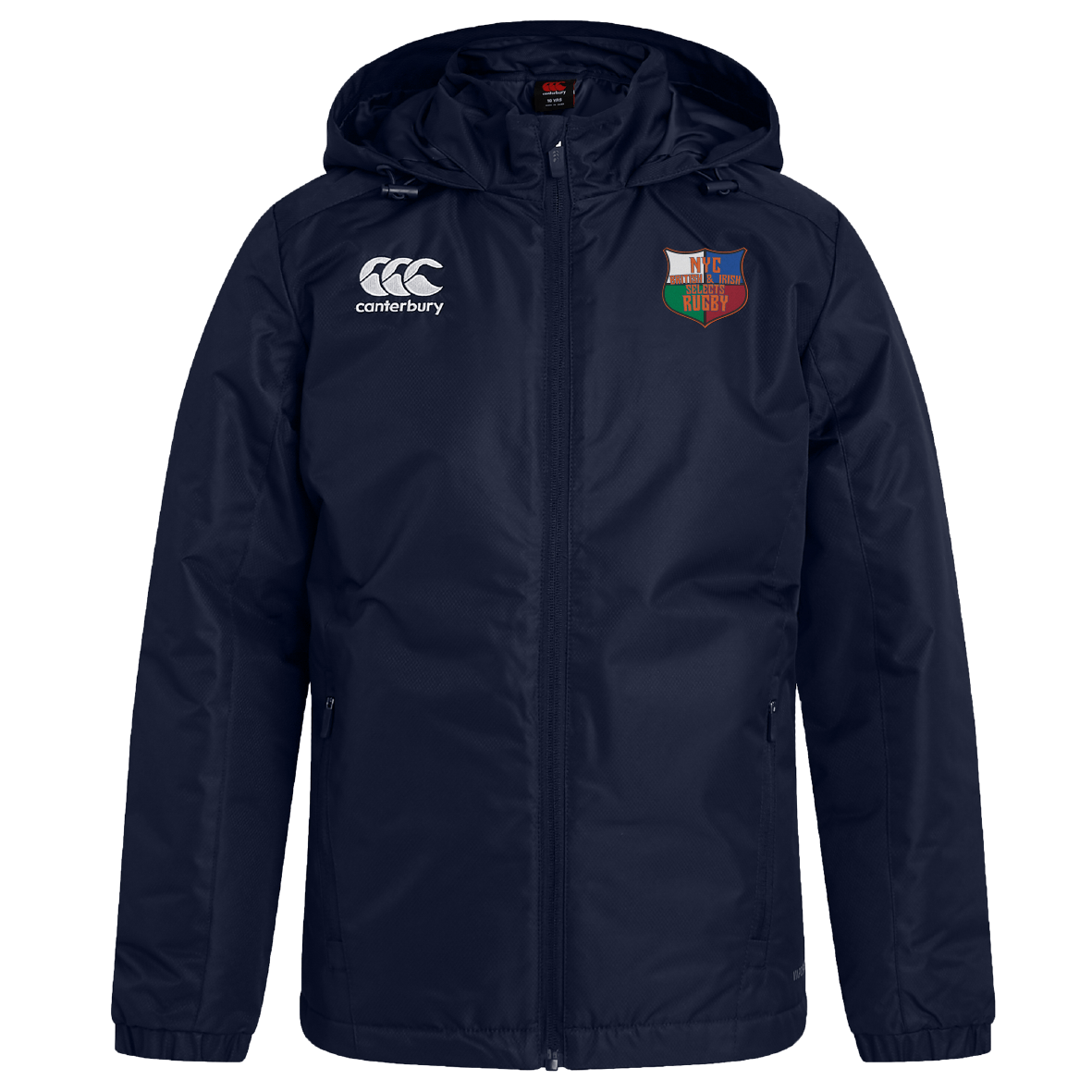 The NYC British and Irish Selects Club VapoShield Stadium Jacket by EMB Canterbury features a navy blue design with a hood, the Canterbury logo on the left shoulder, and a rugby club crest on the right chest. Its VapoShield technology makes it water-repellent, keeping you dry in any weather.