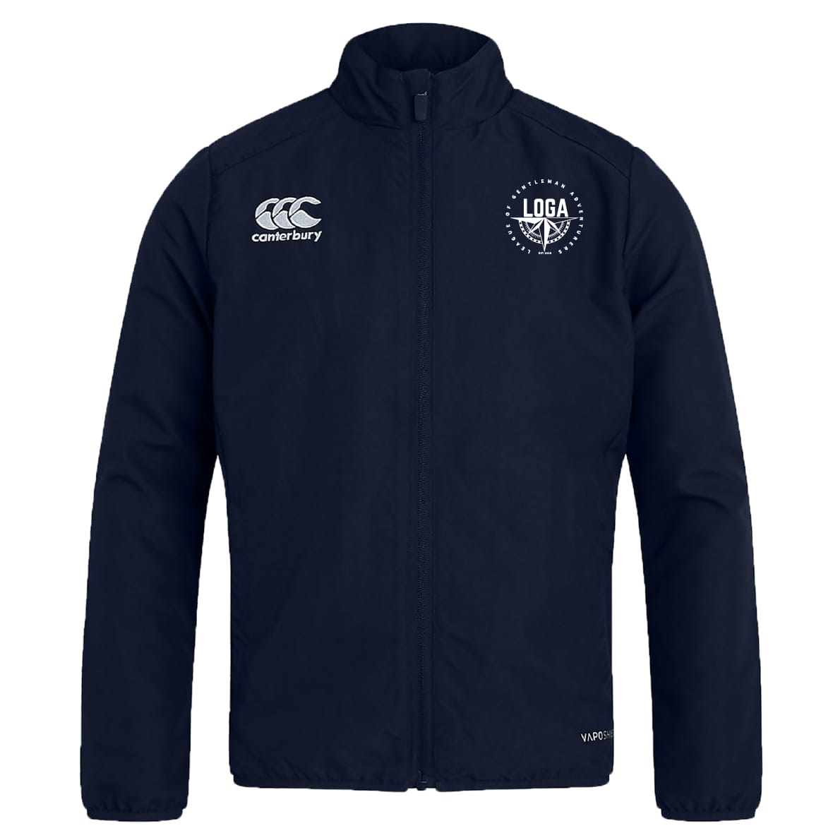 The League of Gentleman Adventurers Club Track Jacket by EMB Canterbury features a navy blue, water-repellent fabric, high collar, zip-up front, and Canterbury plus LOGA logos on the chest.