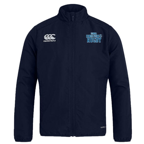 Introducing the King's Point Rugby Club Track Jacket by EMB Canterbury: a lightweight navy jacket featuring the Canterbury logo on the left chest and "World Class Rugby" text on the right, crafted with quick-drying fabric.