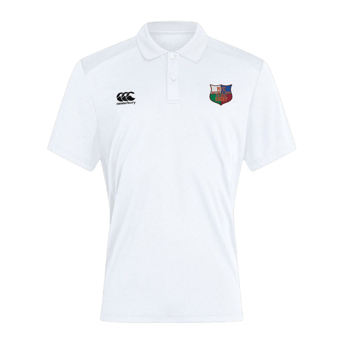 The NYC British and Irish Selects Club Dry Polo by EMB Canterbury is a white polo shirt with a collar, featuring two logos on the chest and equipped with Vapodri Technology for enhanced breathability.
