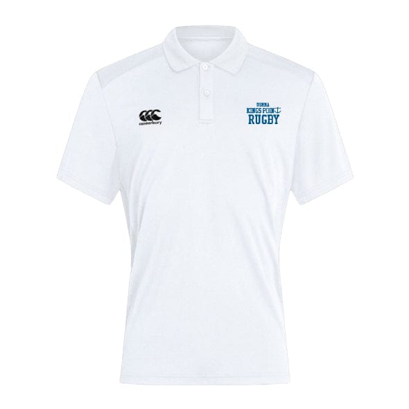 The King's Point Rugby Club Dry Polo by Canterbury from EMB Canterbury is a white, breathable polo featuring a collar and detailing with the logo on the left chest and "Kings Point Rugby" on the right chest. It's crafted with Vapodri Technology to keep you cool and dry throughout the day.