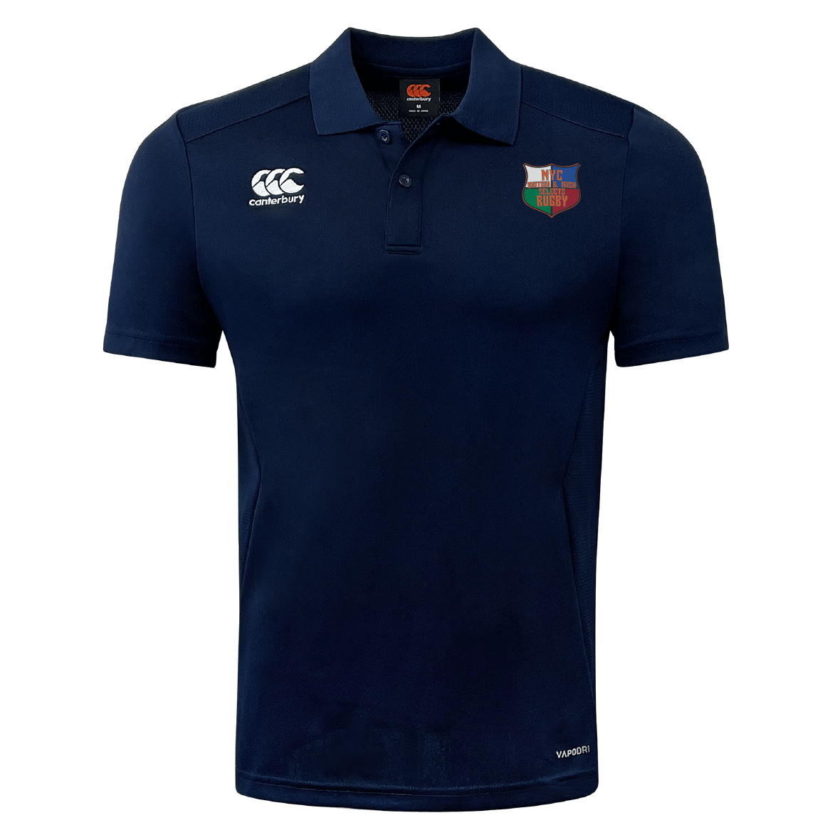 The NYC British and Irish Selects Club Dry Polo by EMB Canterbury is a navy blue shirt with Vapodri Technology for breathability, featuring a left chest logo and a Canterbury CCC Club Dry Polo emblem on the right.