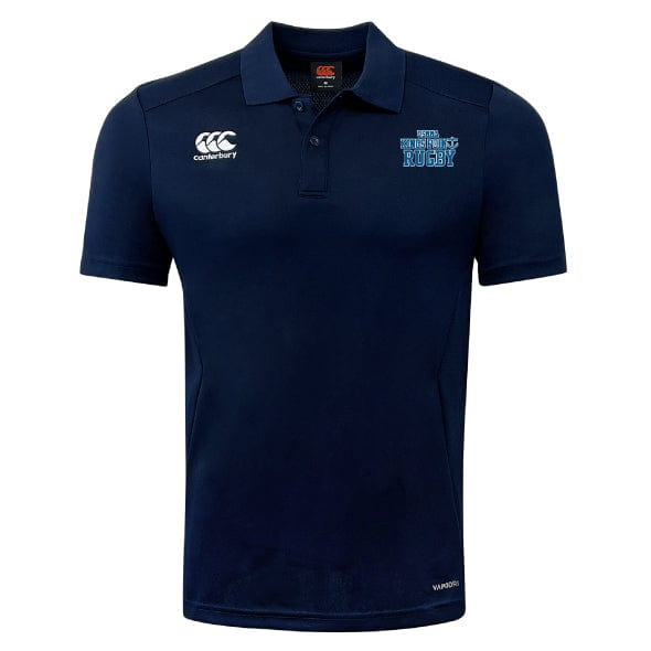 Introducing the King's Point Rugby Club Dry Polo by EMB Canterbury, a navy blue shirt adorned with the iconic Canterbury logo on the left and "1851 UNIVERSITY RUGBY" text on the right. Designed with Vapodri Technology, this breathable polo keeps you cool and dry both on and off the field.
