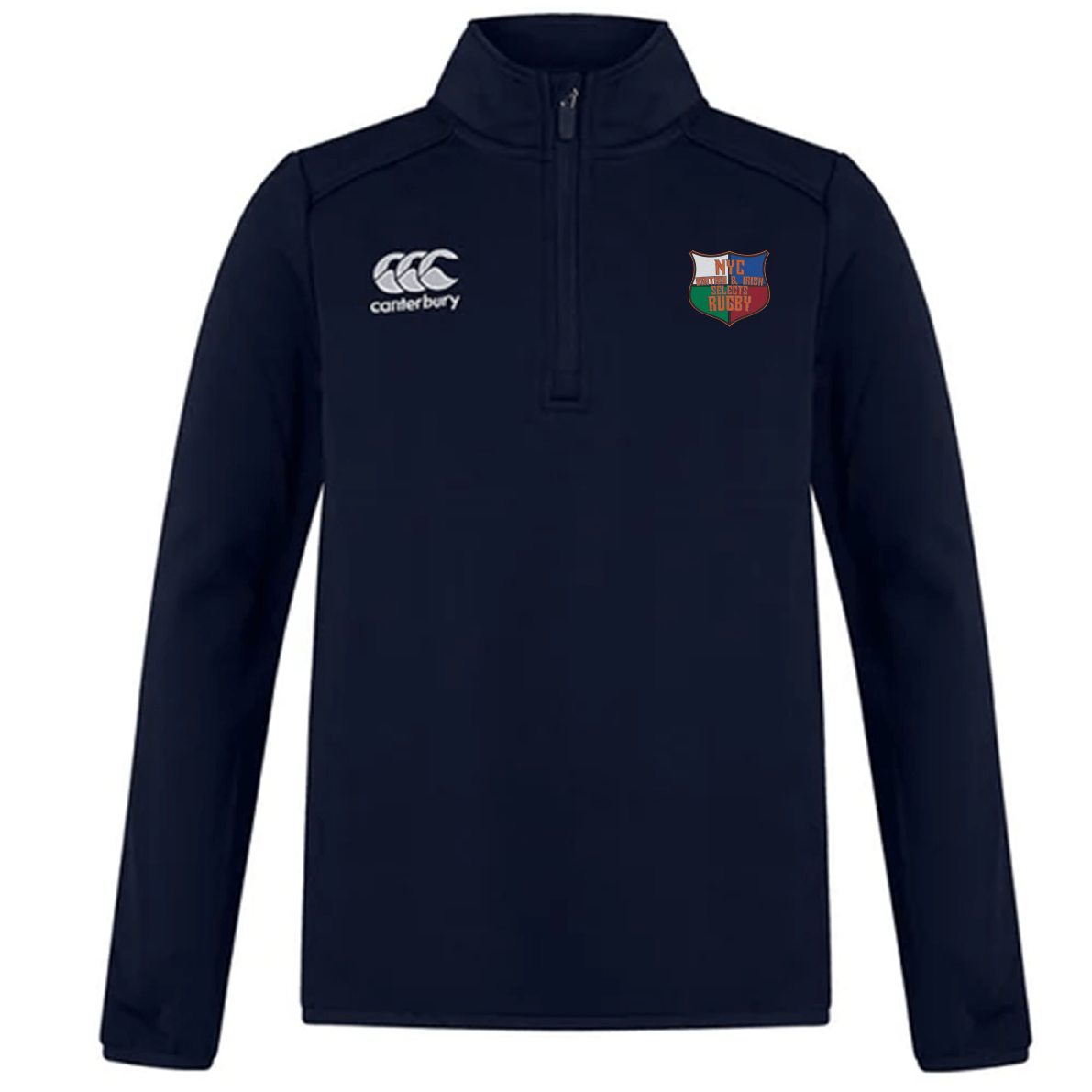 The navy NYC British and Irish Selects Club 1/4 Zip Mid Layer Training Top by EMB Canterbury is crafted from fleece for warmth. It features a modern fit, with a logo on the left chest and a brand emblem on the right.