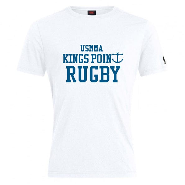This plain white T-shirt, known as the King's Point Rugby Club Plain Tee by Canterbury, showcases "USMMA KINGS POINT RUGBY" with a striking anchor graphic in bold blue. Created by WRS Canterbury from a soft cotton blend, it ensures comfort and style for any rugby enthusiast.