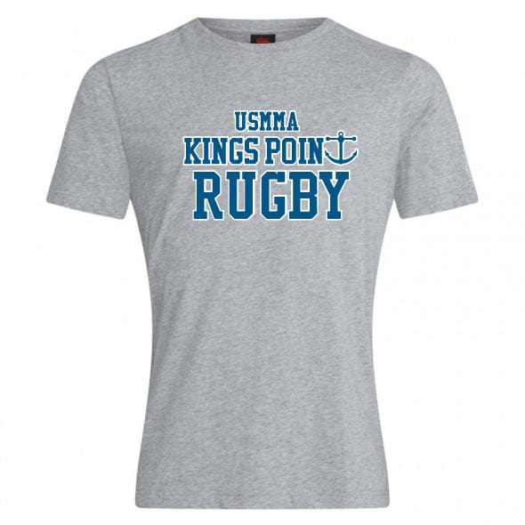 The King's Point Rugby Club Plain Tee by WRS Canterbury showcases the text "USMMA Kings Point Rugby" in blue along with an anchor symbol. Crafted from a cotton-heavy blend, this gray shirt combines comfort and style with discreet Canterbury branding in its design.