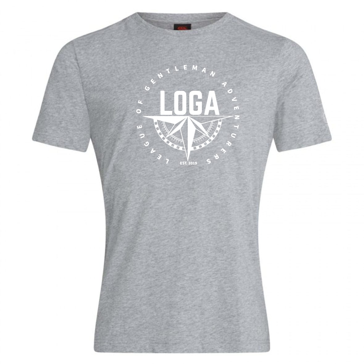 The League of Gentleman Adventurers Club Plain Tee by WRS Canterbury is a light grey cotton-blend t-shirt featuring a white "LOGA" compass emblem and "League of Gentleman Adventurers EST. 2015," perfect for everyday adventure.