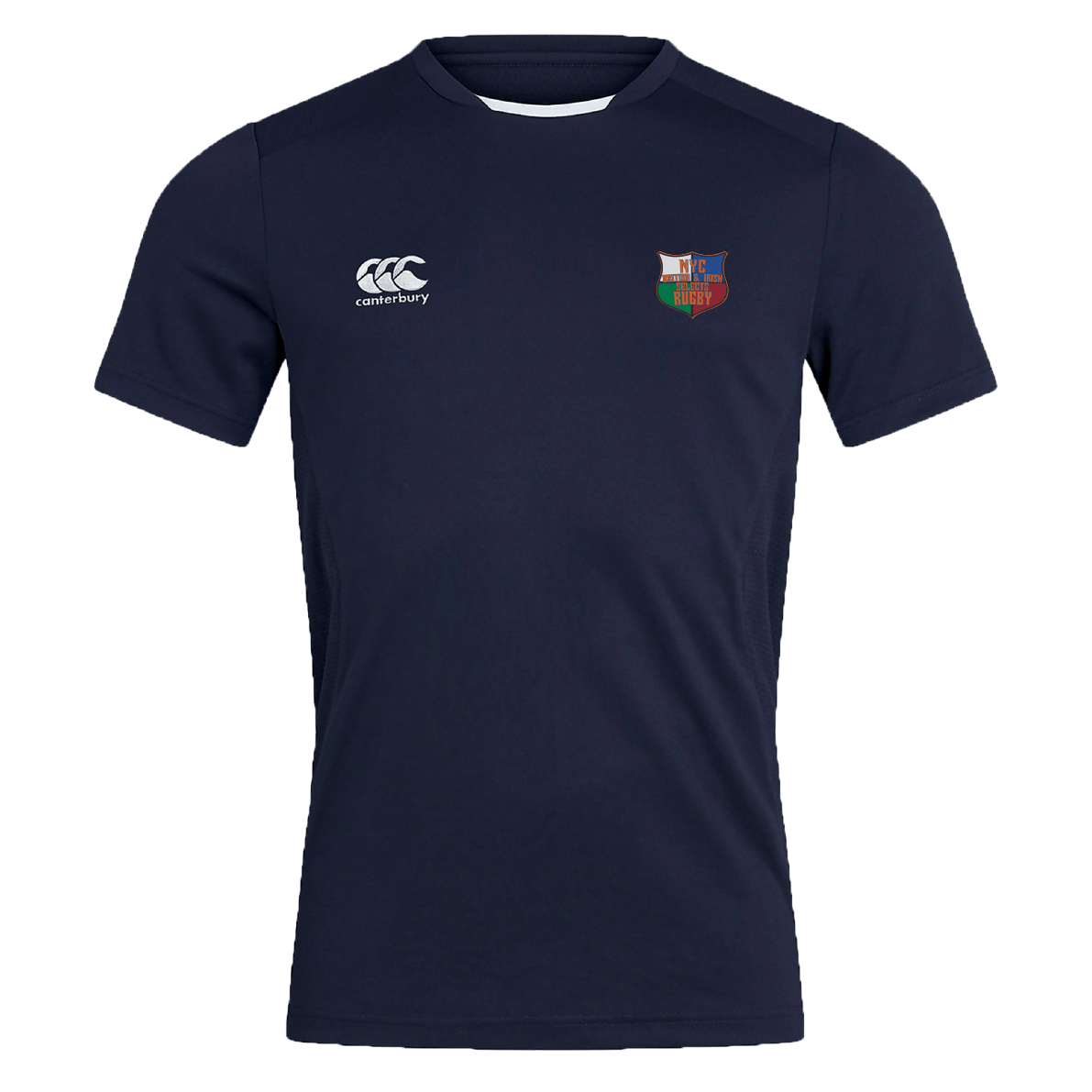 The NYC British and Irish Selects Club Dry Tee by Canterbury is a navy sports jersey with EMB Canterbury branding. It has two chest logos: "Canterbury" on the left and a colorful crest on the right. Crafted with Vapodri Technology, it ensures breathable comfort and style for active wearers.