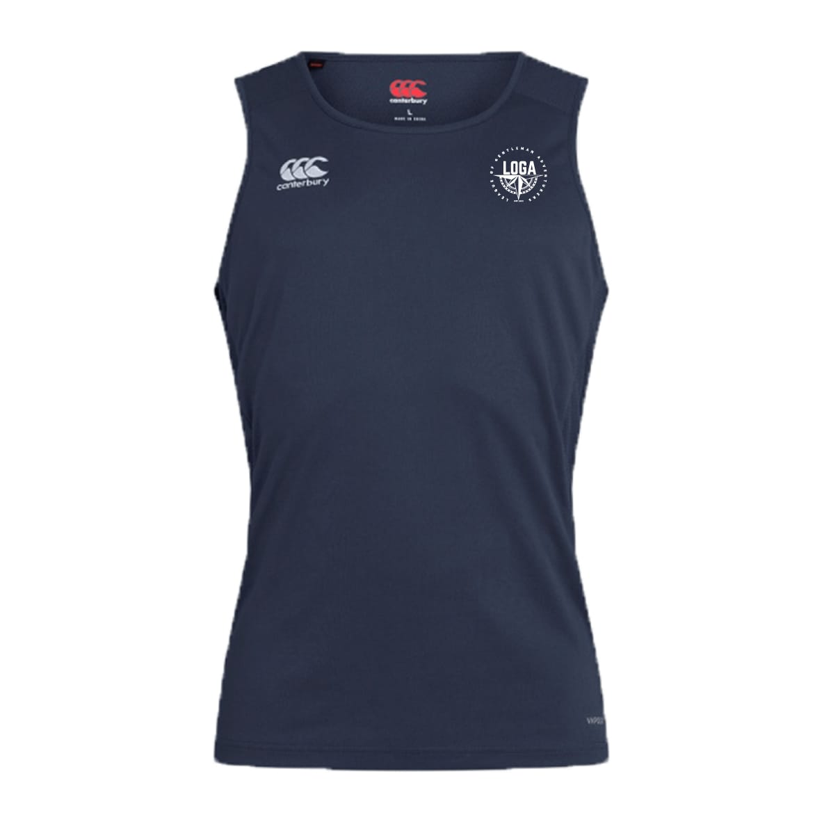 The League of Gentleman Adventurers Club Dry Singlet by EMB Canterbury is a navy blue sleeveless top with Vapodri Technology, featuring a white Canterbury logo on the right shoulder and a circular "LOGA" logo on the left chest—ideal for training.