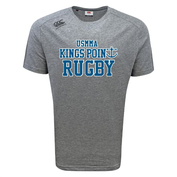 The King's Point Rugby Tempo Vapodri T-Shirt by WRS Canterbury has a gray color and features "USMMA Kings Point Rugby" text in blue paired with an anchor graphic. It is enhanced with VapoDri technology for moisture-wicking comfort.