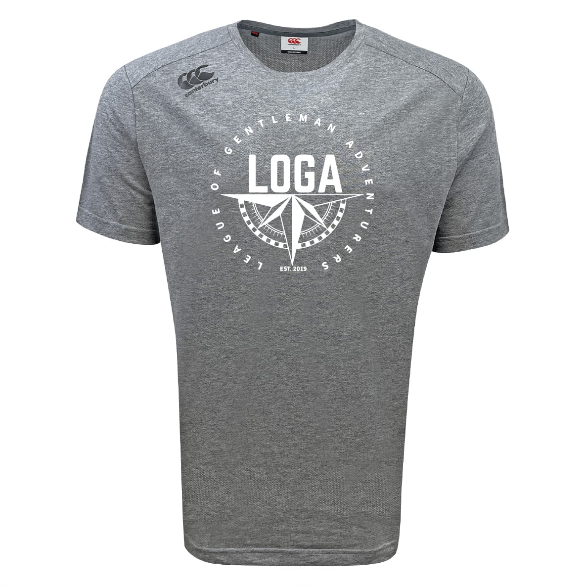 The League of Gentleman Adventurers Tempo Vapodri T-Shirt by WRS Canterbury is a heather gray athletic performance tee featuring a white circular "LOGA" compass logo on the chest and the Canterbury logo on the right shoulder.