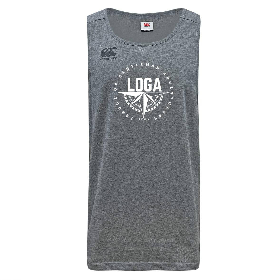The League of Gentleman Adventurers Tempo Vapodri Singlet by WRS Canterbury is a gray sleeveless tank top with a circular white "LOGA" graphic and logo, Canterbury branding, made from recycled polyester with VapoDri tech for comfort.