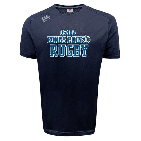 Introducing the King's Point Rugby Tempo Vapodri T-Shirt by WRS Canterbury: a navy blue t-shirt showcasing "USMMA Kings Point Rugby" and an anchor graphic on the front, crafted with Canterbury's moisture-wicking Vapodri technology for outstanding athletic performance.