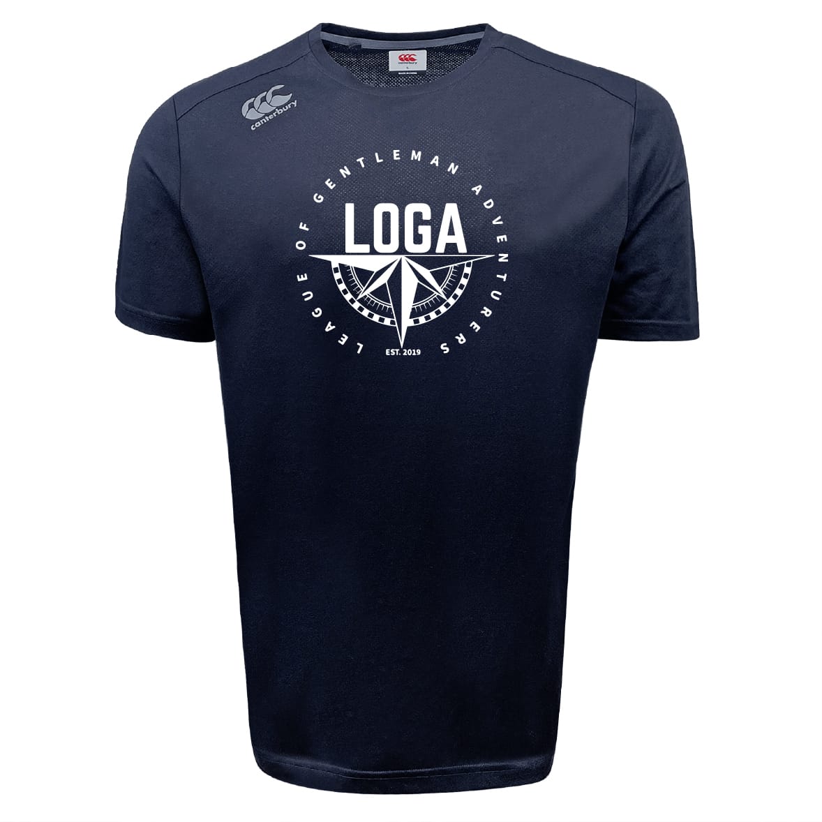 The WRS Canterbury League of Gentleman Adventurers Tempo Vapodri T-Shirt features a navy blue design with white "LOGA," compass graphic, and "League of Gentleman Adventurers" text—ideal as a moisture-wicking sports tee.