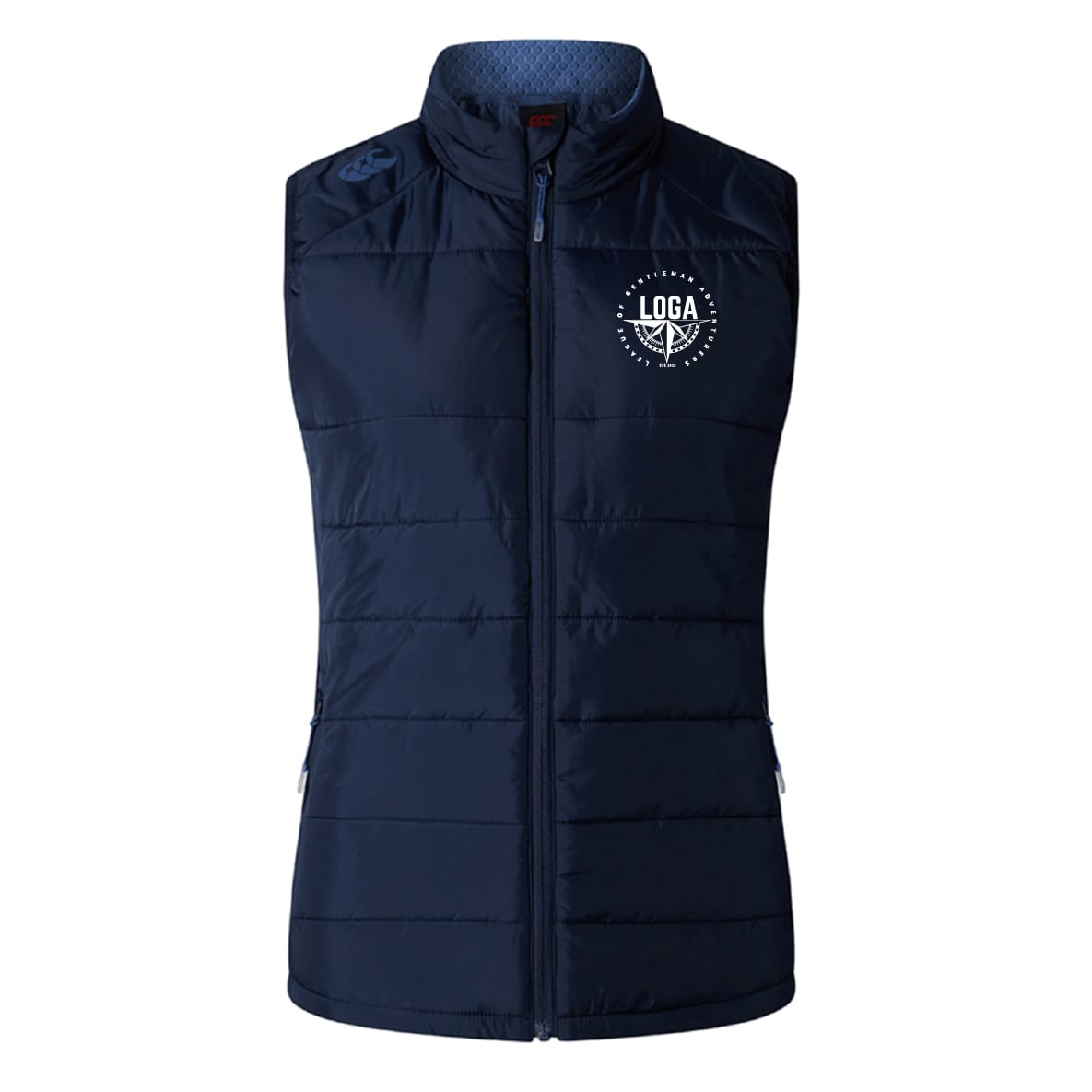 The League of Gentleman Adventurers Women's Elite Microlite Gilet by EMB Canterbury is a sleeveless navy blue quilted fleece vest with front zipper, high collar, and a white circular LOGA logo on the upper left chest.