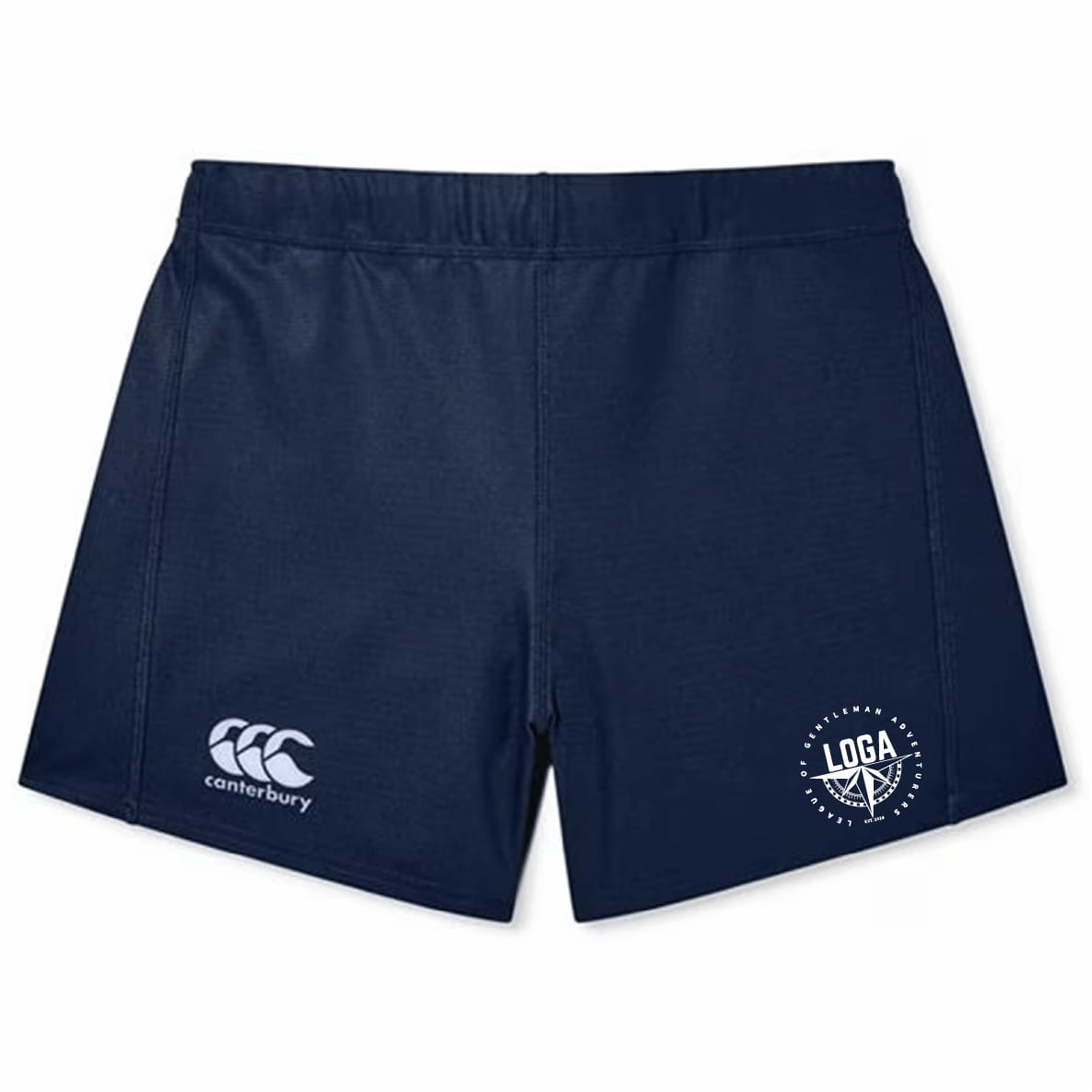 The EMB Canterbury League of Gentleman Adventurers Women's Yokohama Shorts feature a Canterbury logo and a "LOGA" emblem, offering lightweight durability—ideal for women's rugby.