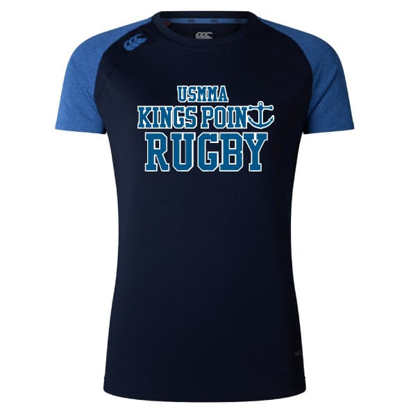This King's Point Rugby Women's Elite Training Tee by WRS Canterbury, available in navy and blue, showcases "USMMA Kings Point Rugby" prominently printed on the front in bold white and blue letters. Made from lightweight recycled polyester, it combines comfort with enhanced performance through Vapodri technology.