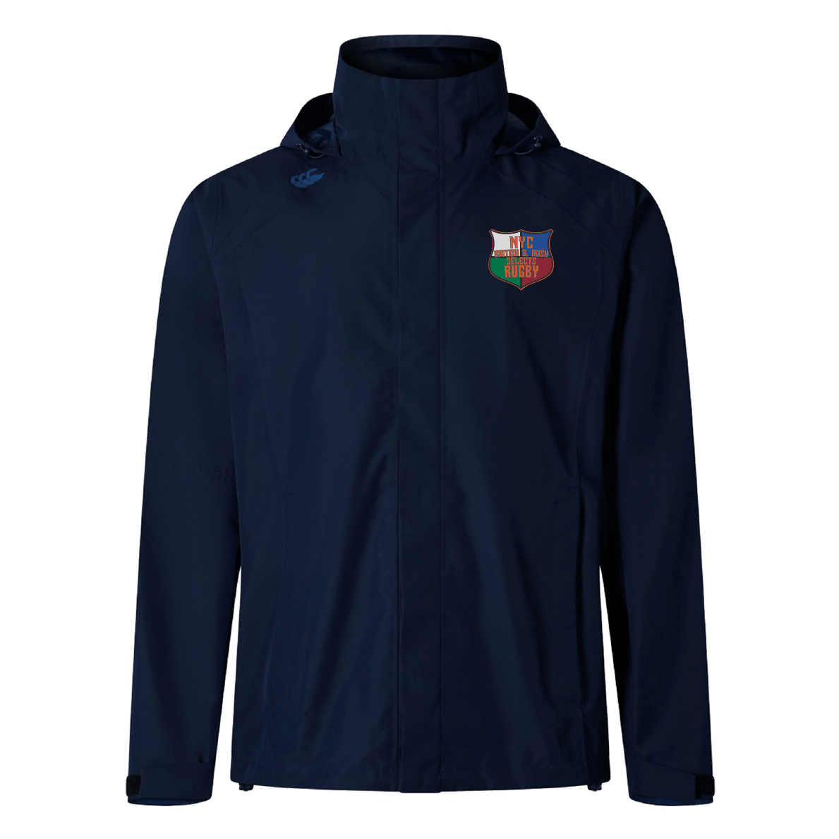 Introducing the NYC British and Irish Selects Elite Storm Jacket by EMB Canterbury: a navy blue, waterproof wonder with a multicolored shield emblem on the chest. Featuring Vaposhield technology, it stylishly shields you from the elements.