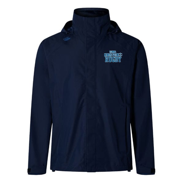 The King's Point Rugby Elite Storm Jacket by EMB Canterbury is a navy blue waterproof jacket that features "Rugby" printed in blue on the chest, along with a hood, long sleeves, and Vaposhield technology for pitchside coverage.