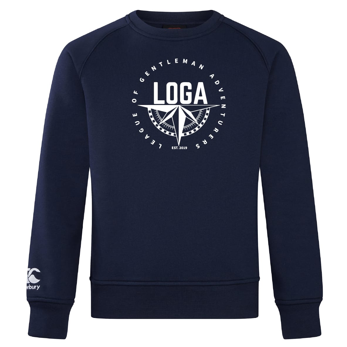 The League of Gentleman Adventurers Club Crew Sweatshirt by WRS Canterbury features ultra-soft navy fabric, a white “LOGA” compass and chest text, plus a small embroidered CCC logo on the sleeve.