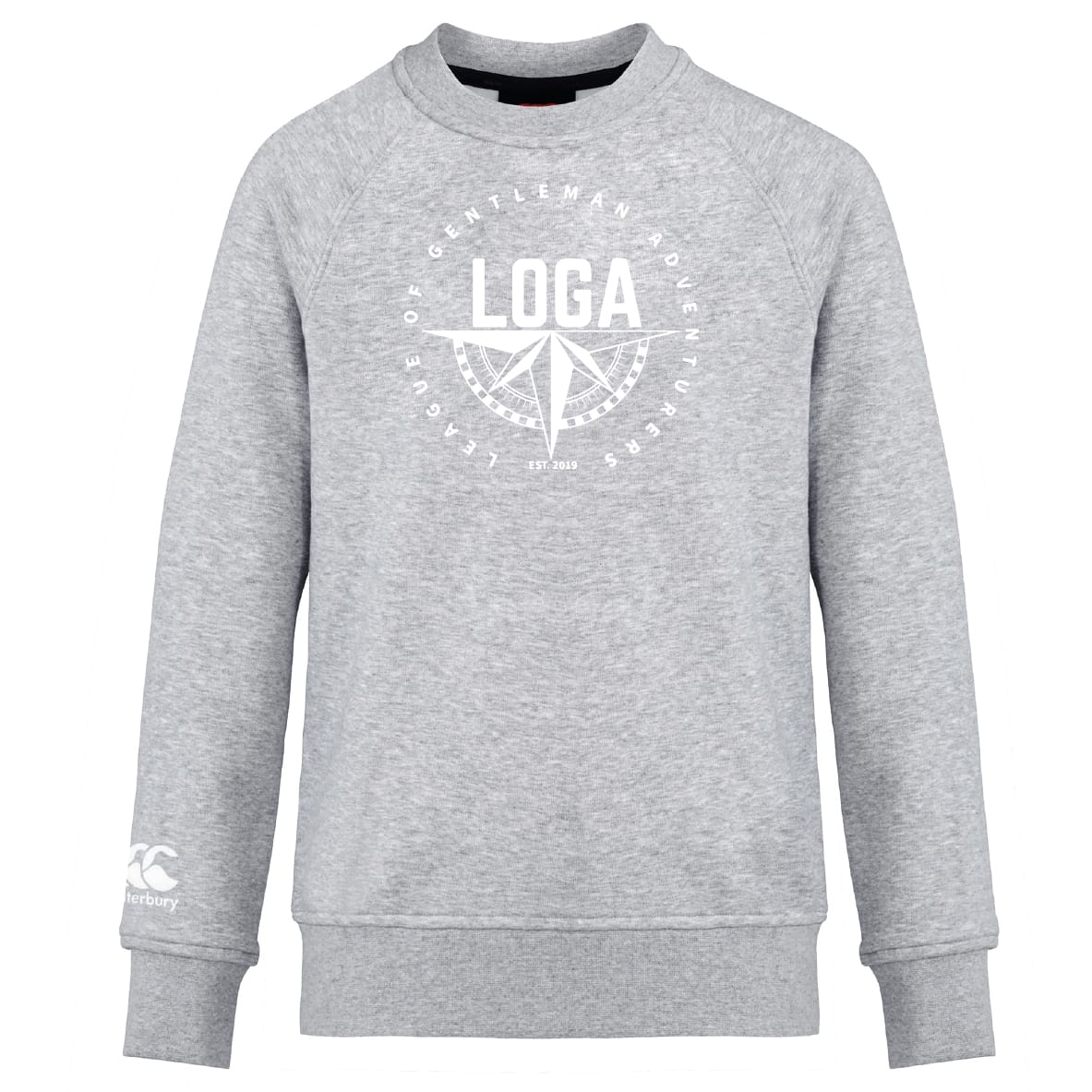 The League of Gentleman Adventurers Club Crew Sweatshirt by WRS Canterbury features light grey fabric, white "LOGA" compass design on the front, ultra-soft feel, and a small embroidered CCC logo on the left sleeve.