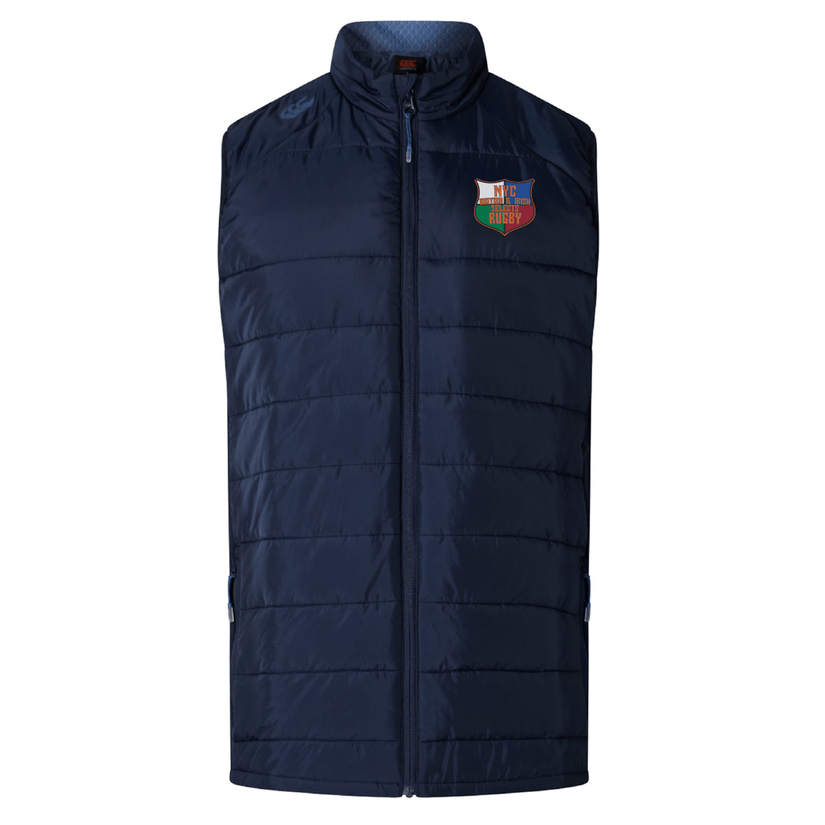 The NYC British and Irish Selects Elite Microlite Gilet by Canterbury in navy blue features a multi-color rugby crest on the upper left, insulated baffles, a full front zipper, and a stand-up collar.