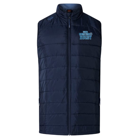 The King's Point Rugby Women's Elite Microlite Gilet by Canterbury in navy blue from EMB Canterbury features "Rugby" text on the chest, insulated baffles, a front zipper, and a high collar.