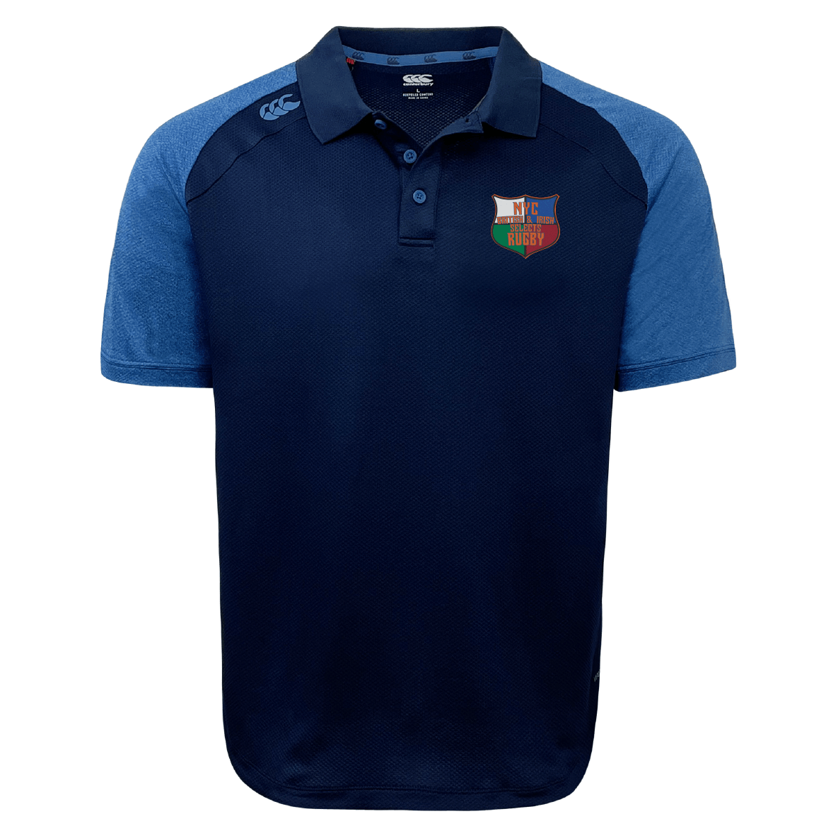 The NYC British and Irish Selects Elite Polo by EMB Canterbury is a navy and blue rugby shirt with a colorful emblem on the left chest. Made from lightweight, durable Vapodri fabrics, it keeps you comfortable and stylish on or off the field.