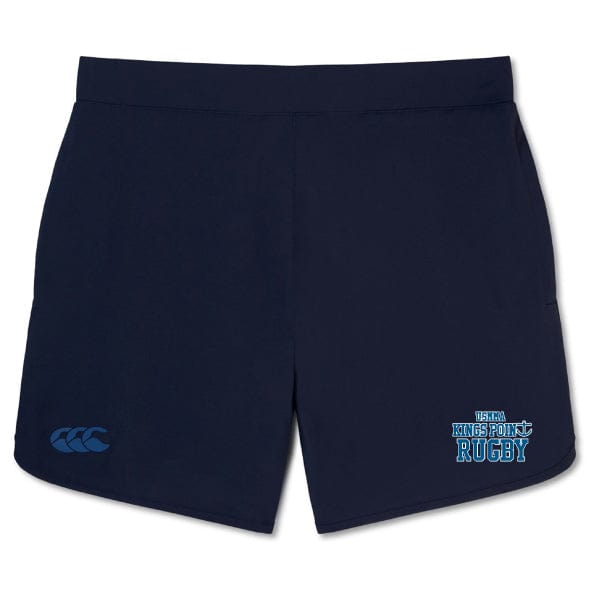 The King's Point Rugby Elite Woven Short by EMB Canterbury in navy blue, ideal for an elite training experience, showcases the text "KINGSTON RUGBY" in light blue along with a small logo on the front.