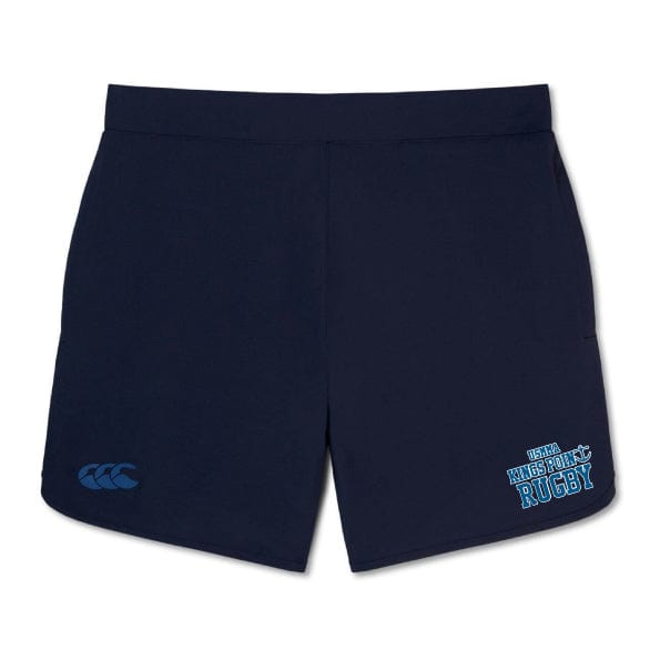 The King's Point Rugby Women's Elite Woven Short by EMB Canterbury comes in a sleek navy blue color, featuring the word "Rugby" on the lower front and a stylish Canterbury logo on the side. These shorts are ideal for your training regimen and include convenient zippered pockets to keep your belongings secure.