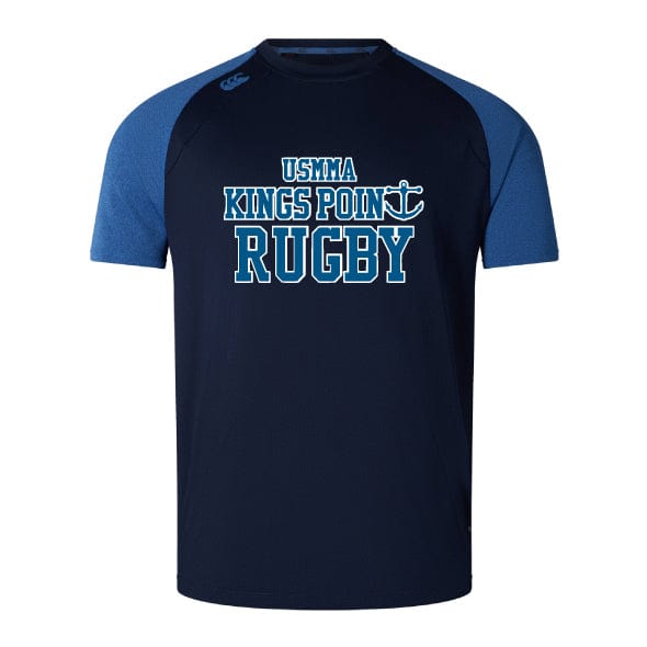 The King's Point Rugby Elite Training Tee by WRS Canterbury showcases navy blue with light blue sleeves and features the "USMMA Kings Point Rugby" text alongside an anchor graphic on the front. Made using Canterbury's elite training tee design and enhanced with Vapodri fabrics, it ensures top-notch performance and style.