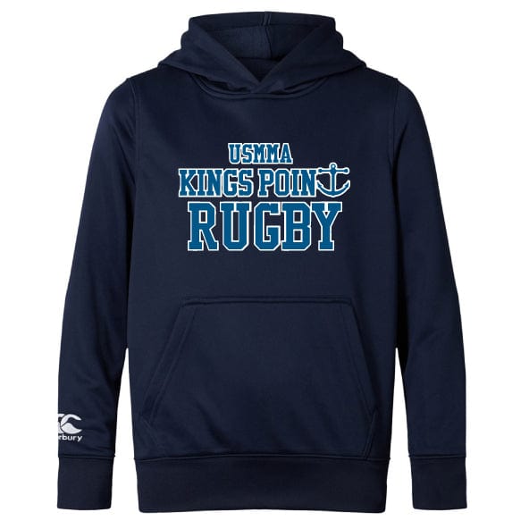 The King's Point Rugby Club Lightweight Hoodie by WRS Canterbury is a navy blue hoodie featuring a kangaroo pocket and showcases "USMMA Kings Point Rugby" in white and blue text alongside an anchor graphic.