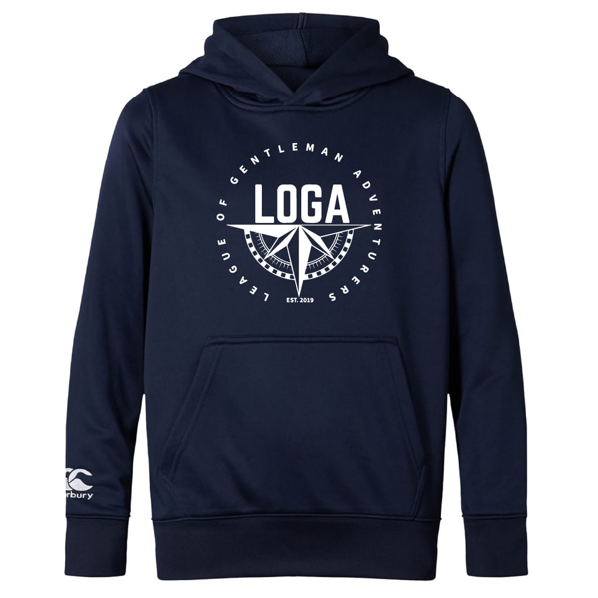 The WRS Canterbury League of Gentleman Adventurers Club Lightweight Hoodie is navy blue with a kangaroo pocket, featuring a white circular "LOGA" logo, compass design, and "League of Gentleman Adventurers" text on the front.