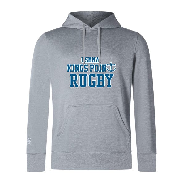 The King's Point Rugby Club Lightweight Hoodie by Canterbury, designed by WRS Canterbury, features a gray design with "USMMA Kings Point Rugby" and an anchor logo printed in blue on the front. It includes a convenient kangaroo pocket for easy storage.