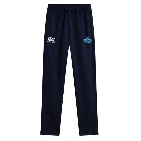 The King's Point Rugby Stretch Tapered Pant by EMB Canterbury in navy blue offers an elastic waistband and quick-dry fabric, highlighted by a white logo on the left thigh.