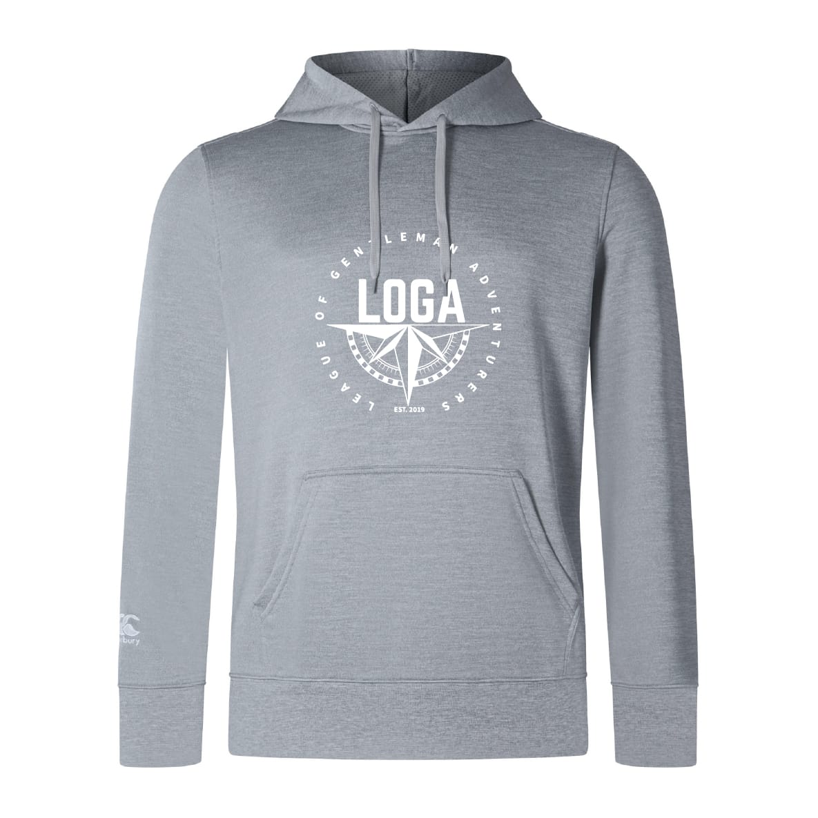 The League of Gentleman Adventurers Club Lightweight Hoodie by WRS Canterbury is light gray with a kangaroo pocket, white "LOGA" circular chest logo, and a small white logo on the left sleeve.