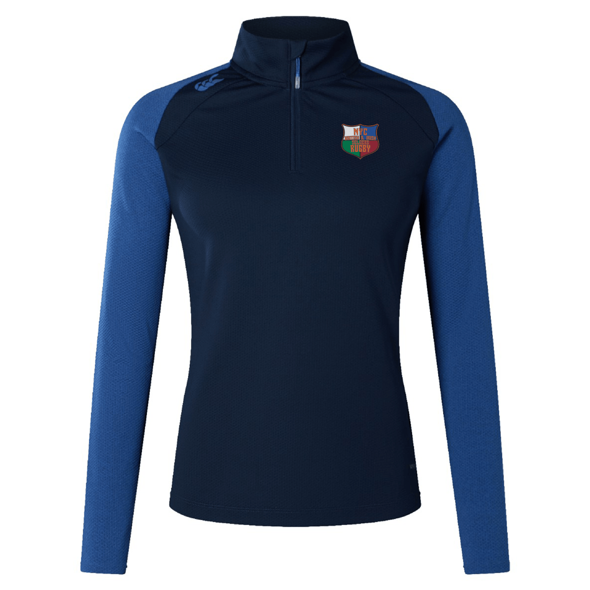 The NYC British and Irish Selects Women's Elite First Layer by EMB Canterbury is a navy and royal blue long-sleeve top with VapoDri technology, featuring a quarter zip, honeycomb fabric for enhanced performance, and a chest crest for added style.