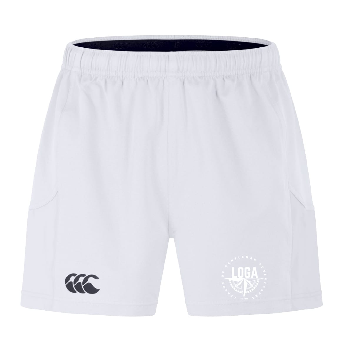 The EMB Canterbury League of Gentleman Adventurers Advantage Short 2.0 features recycled fabric, an elastic waistband, side pockets, and two logos: black on the left leg and white on the right leg.