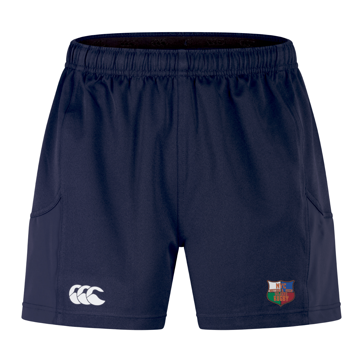 The NYC British and Irish Selects Advantage Short 2.0 by Canterbury, in navy blue, features a white embroidered logo on the right and a colorful emblem on the left. Designed for performance and sustainability by EMB Canterbury, they provide style and function for any athletic endeavor.