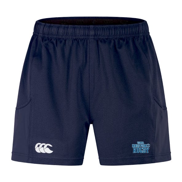 The King's Point Rugby Advantage Short 2.0 by Canterbury in navy blue, offered by EMB Canterbury, features an elastic waistband and convenient side pockets. These shorts are made with recycled materials and showcase a stylish white logo on the bottom left, complemented by a blue logo on the bottom right to enhance style and performance.